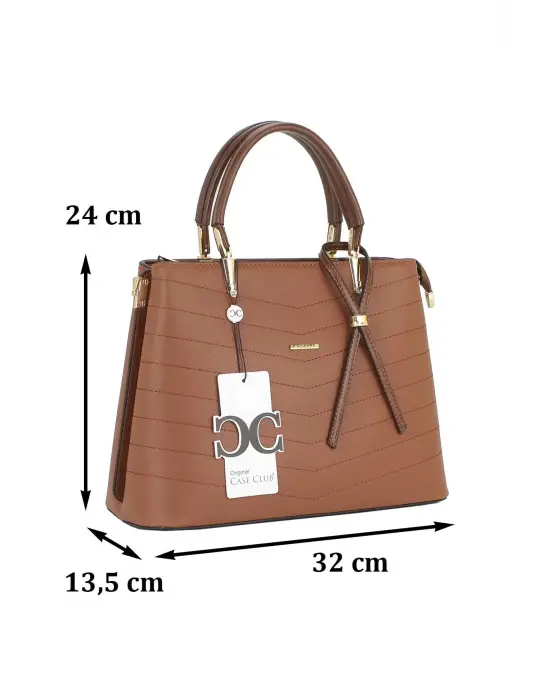 Kadın El Ve Kol Çantası Taba Renk Dikiş Detaylı Omuz Askılı