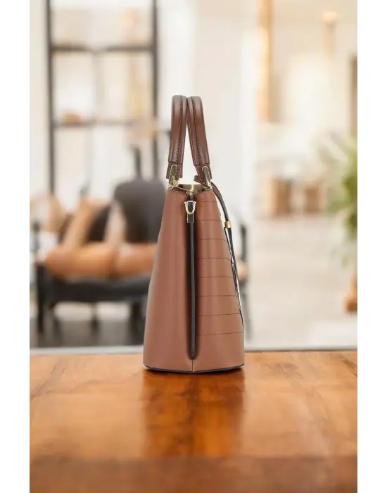 Kadın El Ve Kol Çantası Taba Renk Dikiş Detaylı Omuz Askılı