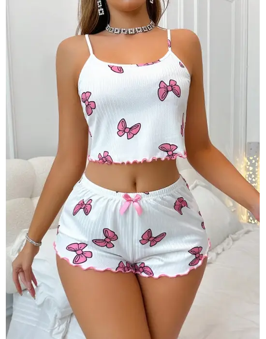 Kadın Fiyonklu Beyaz Şortlu Pijama Takımı
