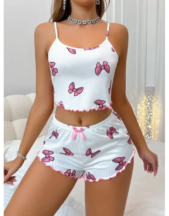 Kadın Fiyonklu Beyaz Şortlu Pijama Takımı