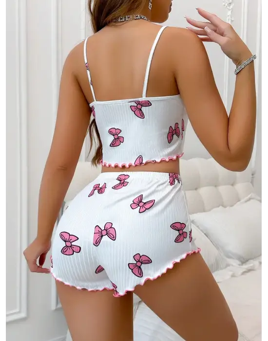 Kadın Fiyonklu Beyaz Şortlu Pijama Takımı