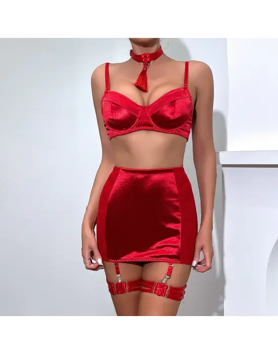 Kadın İthal Saten Etekli Sexy Fantazi Jartiyer Takım
