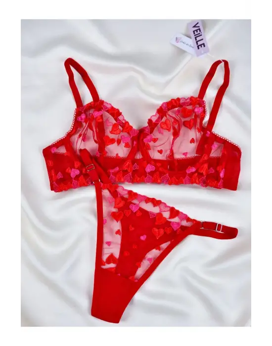 Kadın  Kalpli Kırmızı Dantelli Balenli  Sütyen Külot Takım