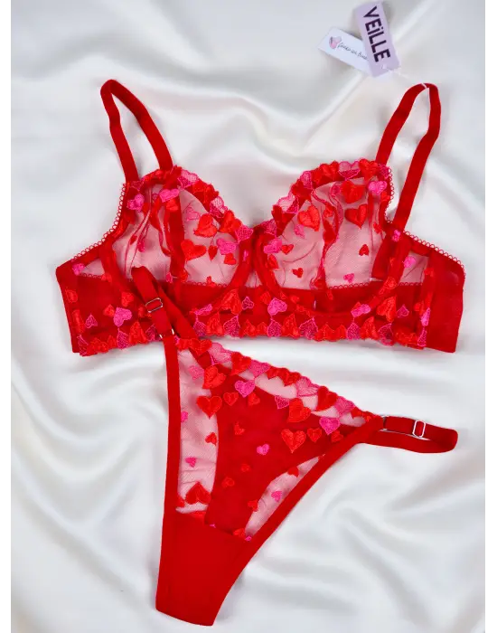 Kadın  Kalpli Kırmızı Dantelli Balenli  Sütyen Külot Takım