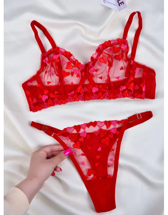 Kadın  Kalpli Kırmızı Dantelli Balenli  Sütyen Külot Takım