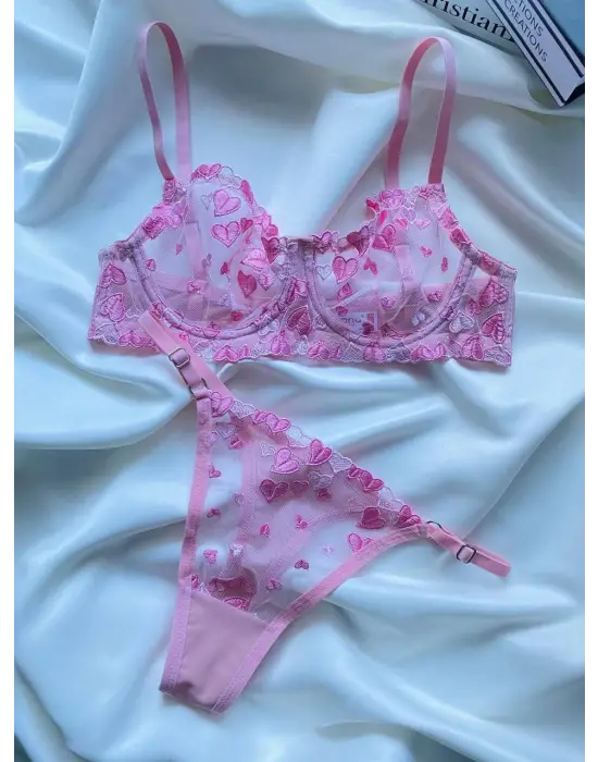 Kadın  Kalpli Pembe Dantelli Balenli  Sütyen Külot Takım