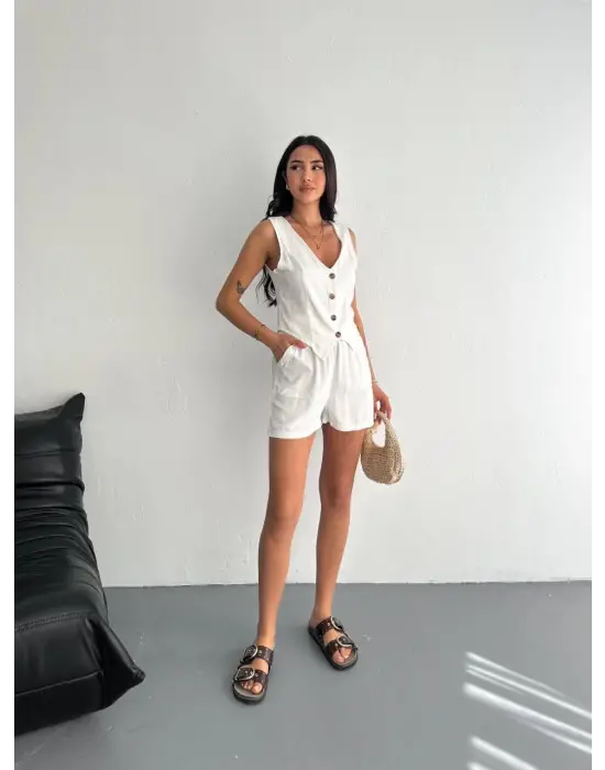 Kadın Keten Şort Yelek Takım S3461
