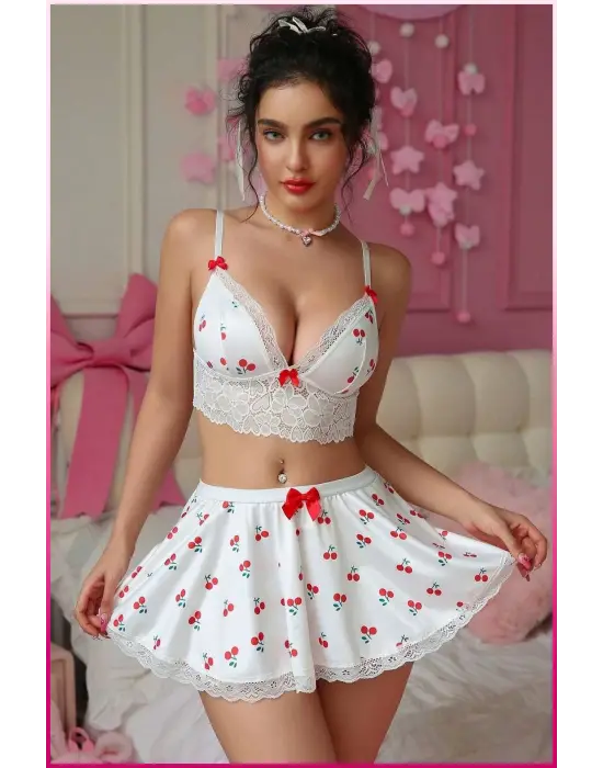Kadın Kirazlı Fiyonklu Seksi Kostüm