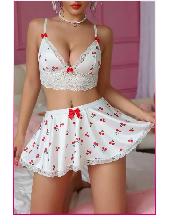 Kadın Kirazlı Fiyonklu Seksi Kostüm