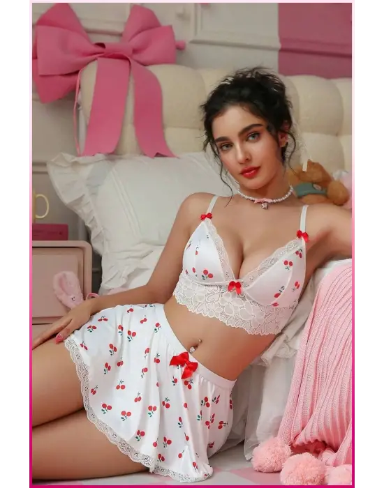 Kadın Kirazlı Fiyonklu Seksi Kostüm