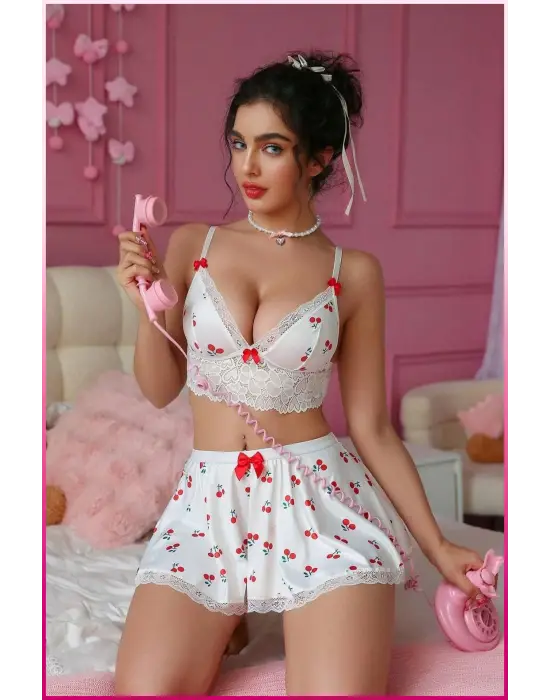 Kadın Kirazlı Fiyonklu Seksi Kostüm