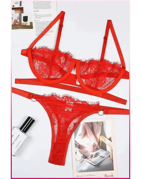 Kadın Kırmızı Dantelli Balenli  Sütyen Külot Takım