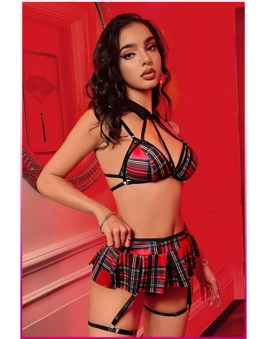 Kadın Kırmızı Ekose Etekli Liseli Seksi Kostüm