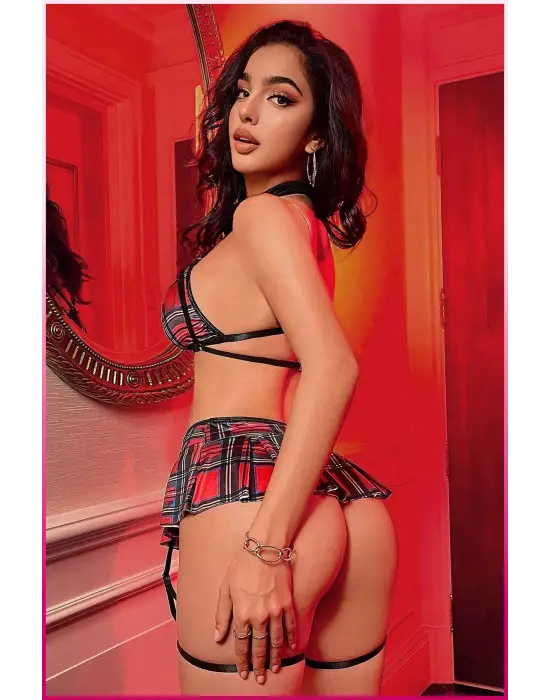 Kadın Kırmızı Ekose Etekli Liseli Seksi Kostüm