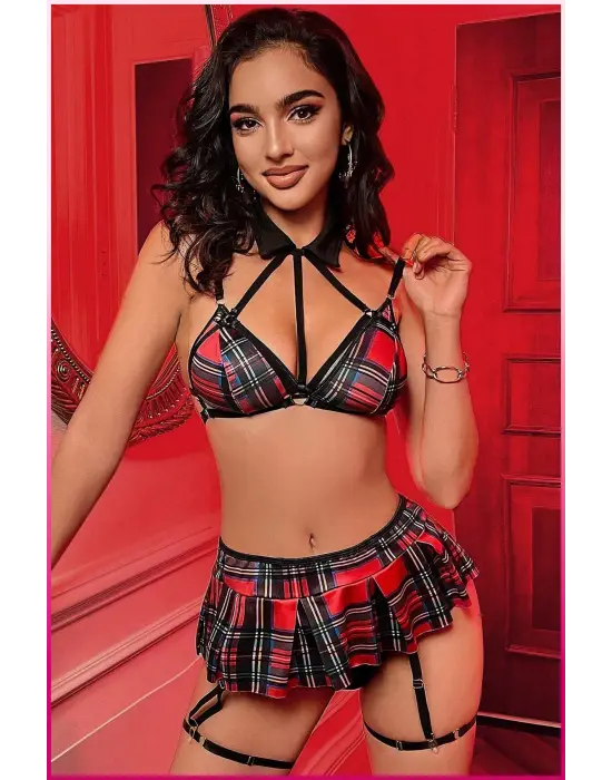 Kadın Kırmızı Ekose Etekli Liseli Seksi Kostüm