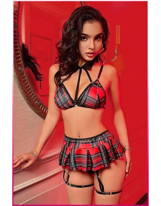Kadın Kırmızı Ekose Etekli Liseli Seksi Kostüm