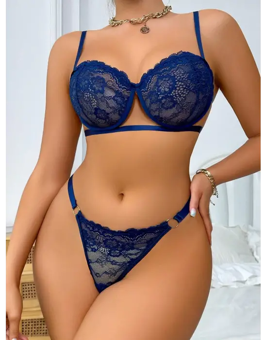 Kadın Lacivert Dantelli Balenli  Sütyen Külot Takım