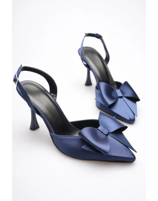 Kadın Lacivert Fiyonklu Saten Slingback Topuklu Ayakkabı TR40MS01E