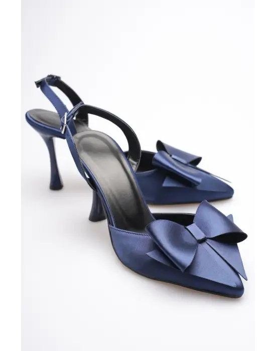 Kadın Lacivert Fiyonklu Saten Slingback Topuklu Ayakkabı TR40MS01E