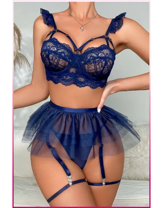 Kadın Lacivert Tül Etekli, Göğüs Balenli Fantazi Kostüm