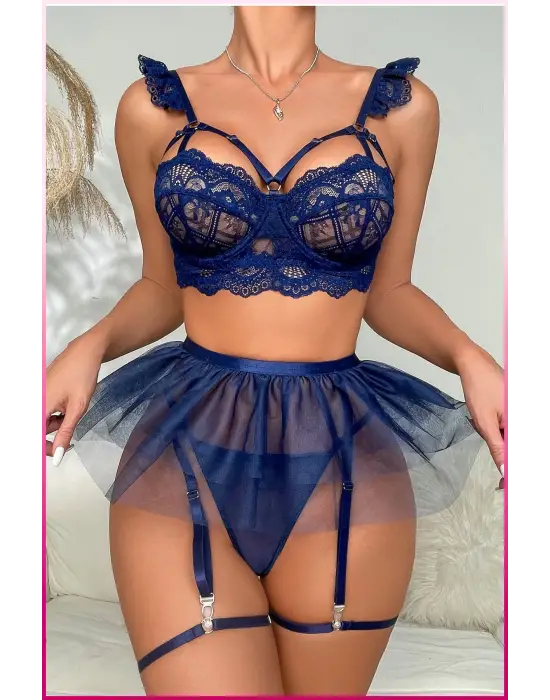 Kadın Lacivert Tül Etekli, Göğüs Balenli Fantazi Kostüm