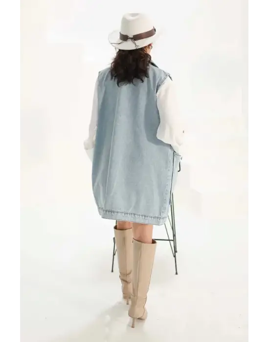 Kadın Mavi Cebi Taşlı Kot Yelek