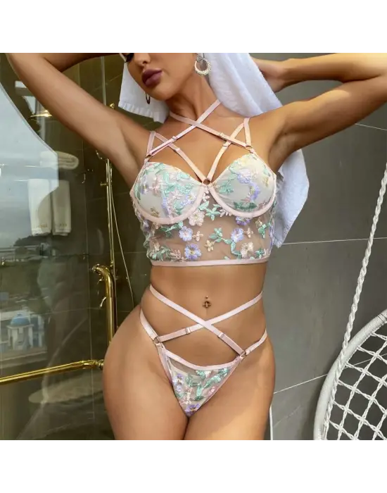 Kadın Mix Nakış Dantelli Transparan Balenli Bustiyer Külot Takımı