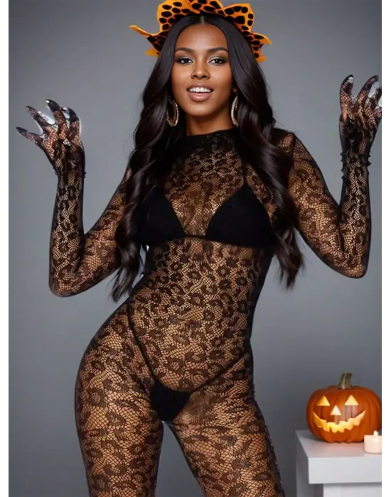 Kadın Özel Bölgesi Açık Siyah Leopar Fantazi Vücut Çorabı