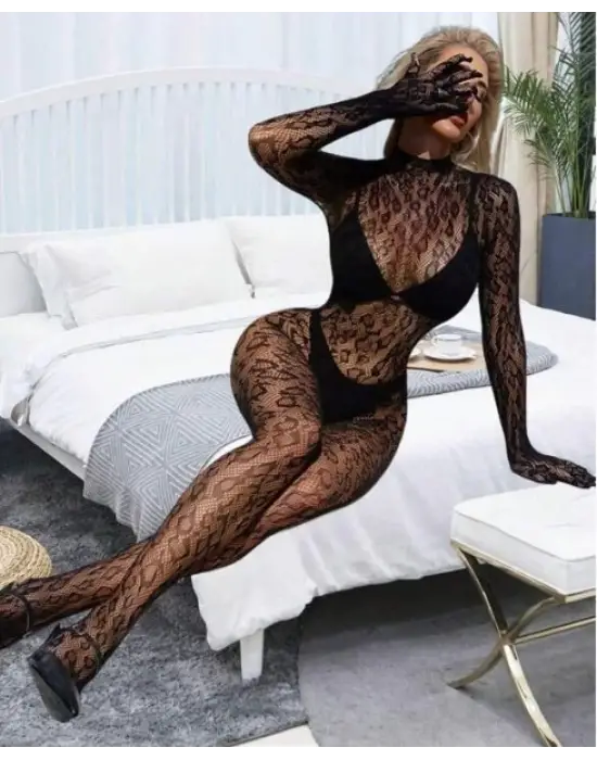 Kadın Özel Bölgesi Açık Siyah Leopar Fantazi Vücut Çorabı