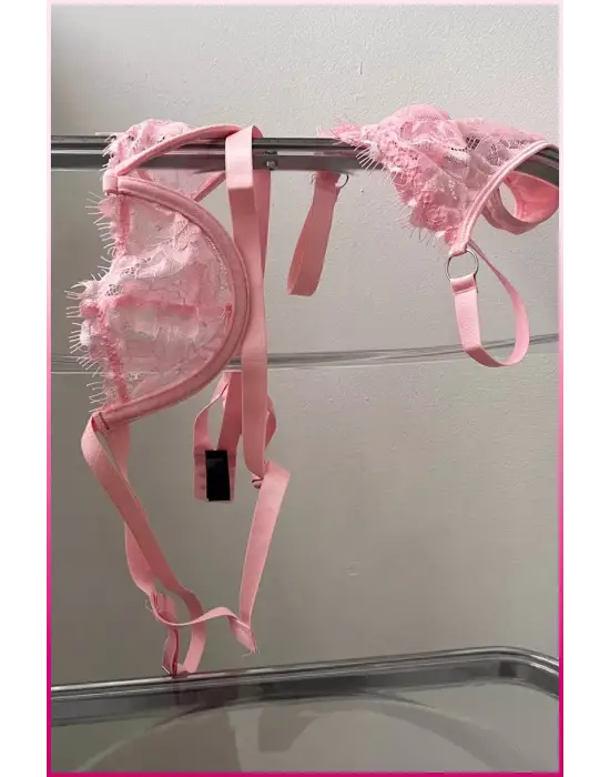 Kadın Pembe Dantelli Balenli  Sütyen Külot Takım