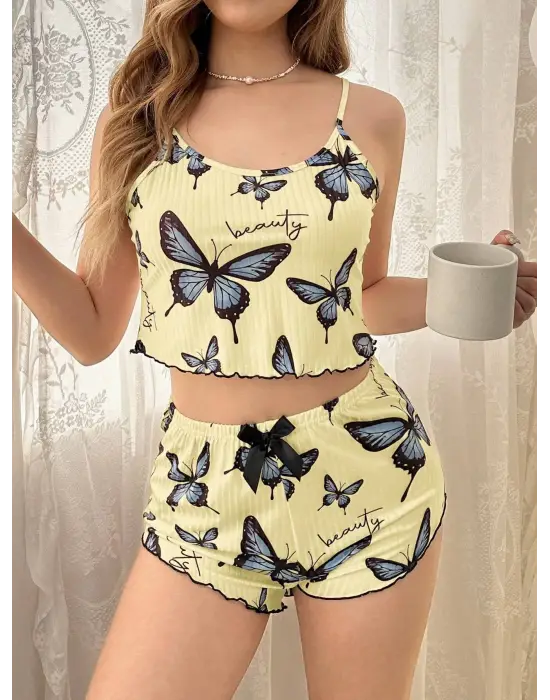 Kadın Sarı Kelebek Desenli Askılı Şortlu Ribana Pijama Takımı,rahat Ve Şık Ev Giyim,kadın Pijama