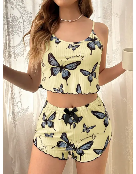 Kadın Sarı Kelebek Desenli Askılı Şortlu Ribana Pijama Takımı,rahat Ve Şık Ev Giyim,kadın Pijama