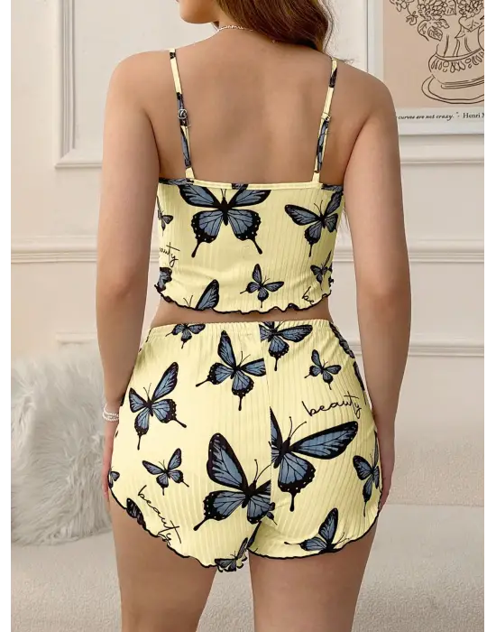 Kadın Sarı Kelebek Desenli Askılı Şortlu Ribana Pijama Takımı,rahat Ve Şık Ev Giyim,kadın Pijama
