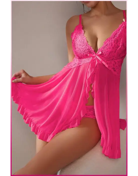 Kadın Seksi Fuşya Tül Gecelik Ve Külot Takım