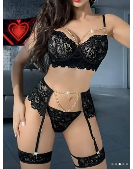Kadın Seksi Siyah Jartiyer – Dantel Ve Zincir Detaylı Sütyen Külot Takımı