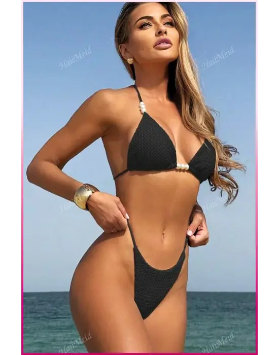 Kadın Siyah Askılı İncili Mayo Takımı