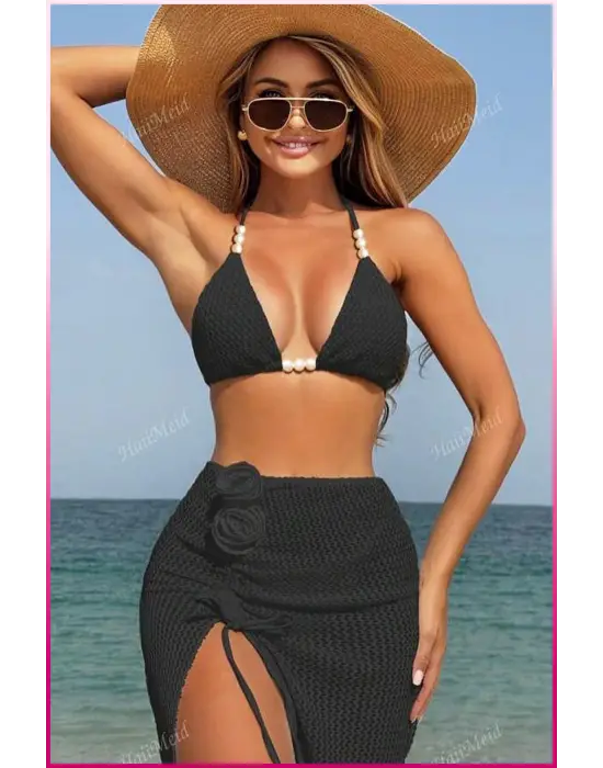 Kadın Siyah Askılı İncili Mayo Takımı