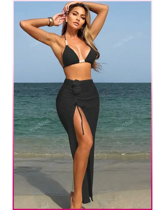 Kadın Siyah Askılı İncili Mayo Takımı