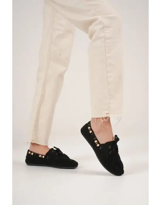 Kadın Siyah Boncuklu Günlük Süet Ayakkabı TR27MS07A