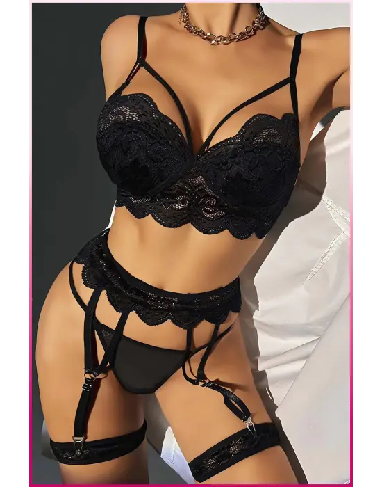 Kadın Siyah Dantel Detaylı Jartiyer Takım