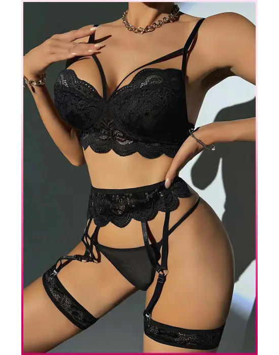 Kadın Siyah Dantel Detaylı Jartiyer Takım