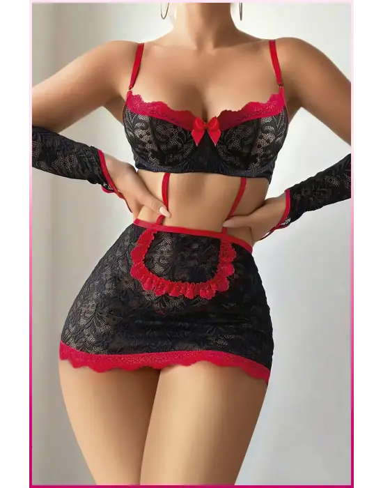 Kadın Siyah Dantel Etekli, Kol Bantlı, Göğüs Balenli  Fantazi Kostüm