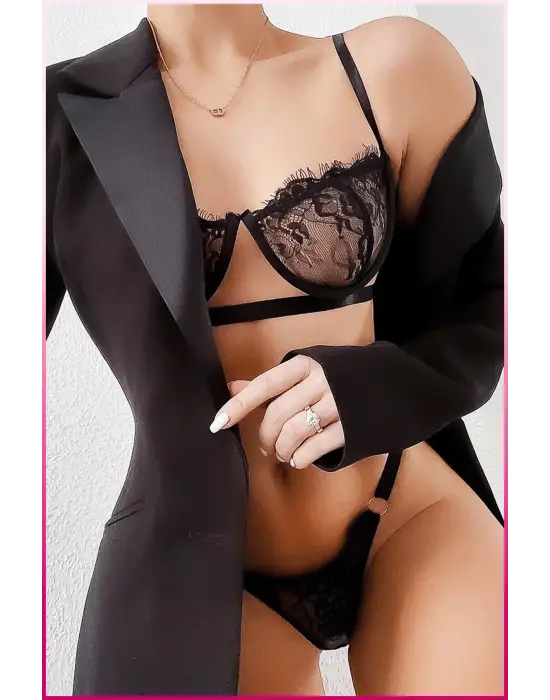 Kadın Siyah Dantelli Balenli Sütyen Külot Takım