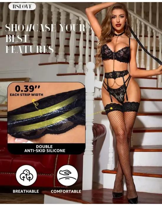 Kadın Siyah File Silikonlu Jartiyer Çorabı