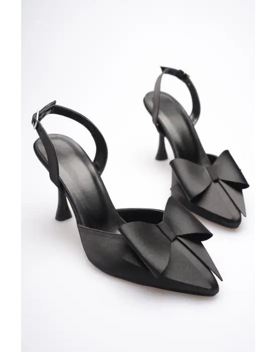 Kadın Siyah Fiyonklu Saten Slingback Topuklu Ayakkabı TR40MS01A