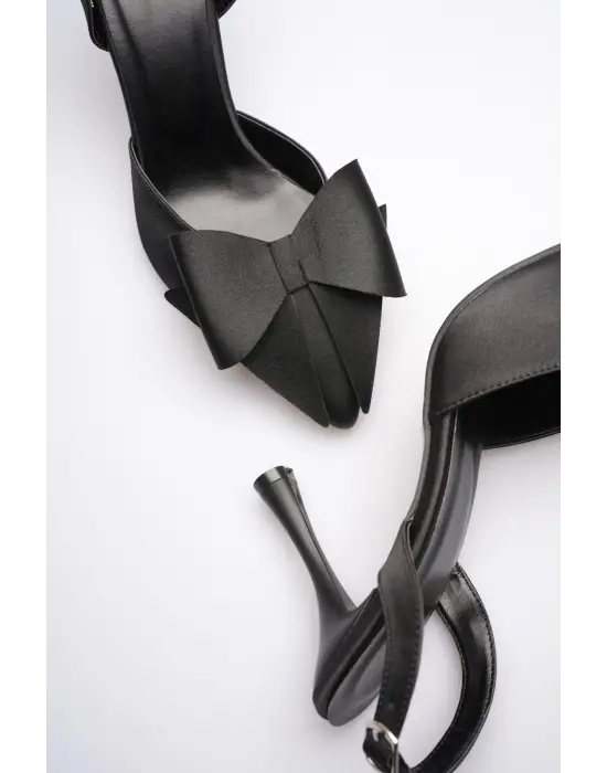 Kadın Siyah Fiyonklu Saten Slingback Topuklu Ayakkabı TR40MS01A