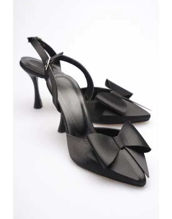 Kadın Siyah Fiyonklu Saten Slingback Topuklu Ayakkabı TR40MS01A