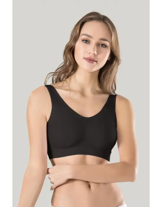 Kadın Siyah Kalın Askılı Çıkarılabilir Pedli Örme Seamless Dikişsiz Basic Büstiyer