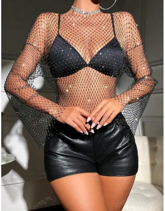 Kadın Siyah Kristal Taşlı File Crop