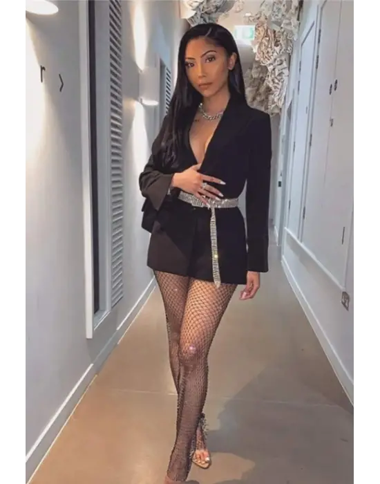 Kadın Siyah Kristal Taşlı File Pantolon